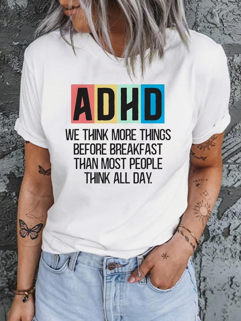 Womens Casual Short Sleeved Round Neck Tshirt with ADHD Print Casual Versatile All Season Short Sleeved Tshirt