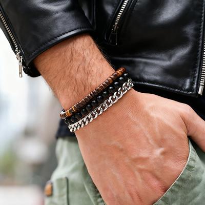 Hiphop Rock 3Pcs/Set Cuban Chain Bracelet For Men Natural Coconut Beads Strand Braclet Street Party Versatile Accessories Homme