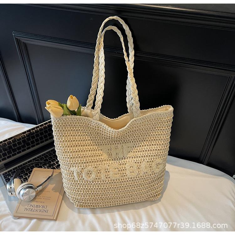 2025 Summer Woven Bag Women s Fashion Straw Women s Bag Summer Beach Bag High-end Letter Tote Bag покинуть белый