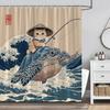 Japanischer Katzen-Duschvorhang Niedliche Katze reitet auf Schildkröte Vintage Blau Ozeanwellen Asiatisches Abstraktes Meerestier Lustige Badezimmer Vorhänge
