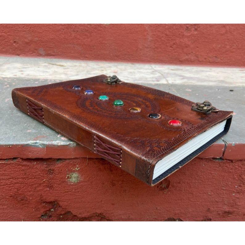 Seven Stone Chakra Leather Journal: Embossed Handmade Grimoire