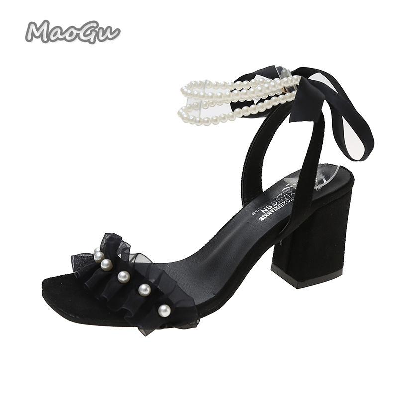 Women Summer High Heel Sandals 2025 Lace Pearl Ankle Strap Black Beige Size 35 40 Chunky Heeled Shoes Sandalias Mujer