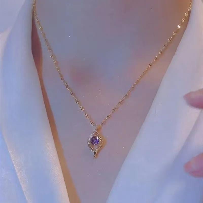 Ocean Heart Purple Diamond Gold Necklace Set - Elegant Micro-Inlaid Luxury Design for Women