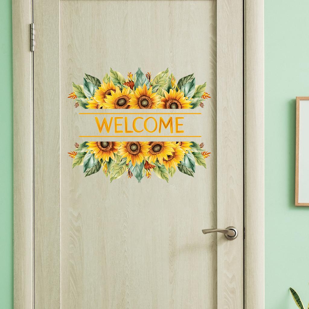 Sunflower Welcome Door Sticker, Self-Adhesive Floral Decal for Bedroom Bathroom Door Frame Decor