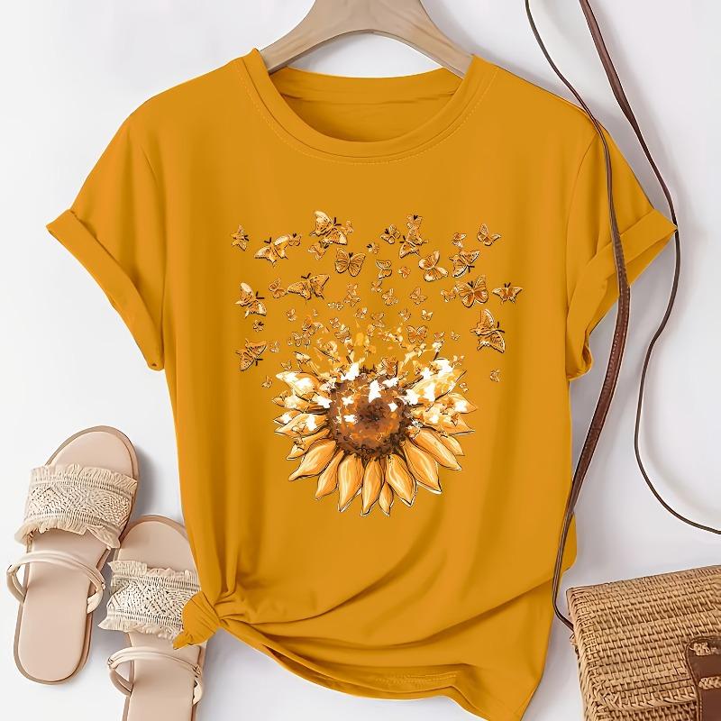 Sunflower pattern design print - with bow design - casual round neck, short sleeved, spring/summer fashionable T-shirt S