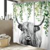 Highland Cow Shower Curtain Farmhouse Rustic Funny Bull Eucalyptus Leaves Plants Western Country Artwork Cloth Fabric Wterproo