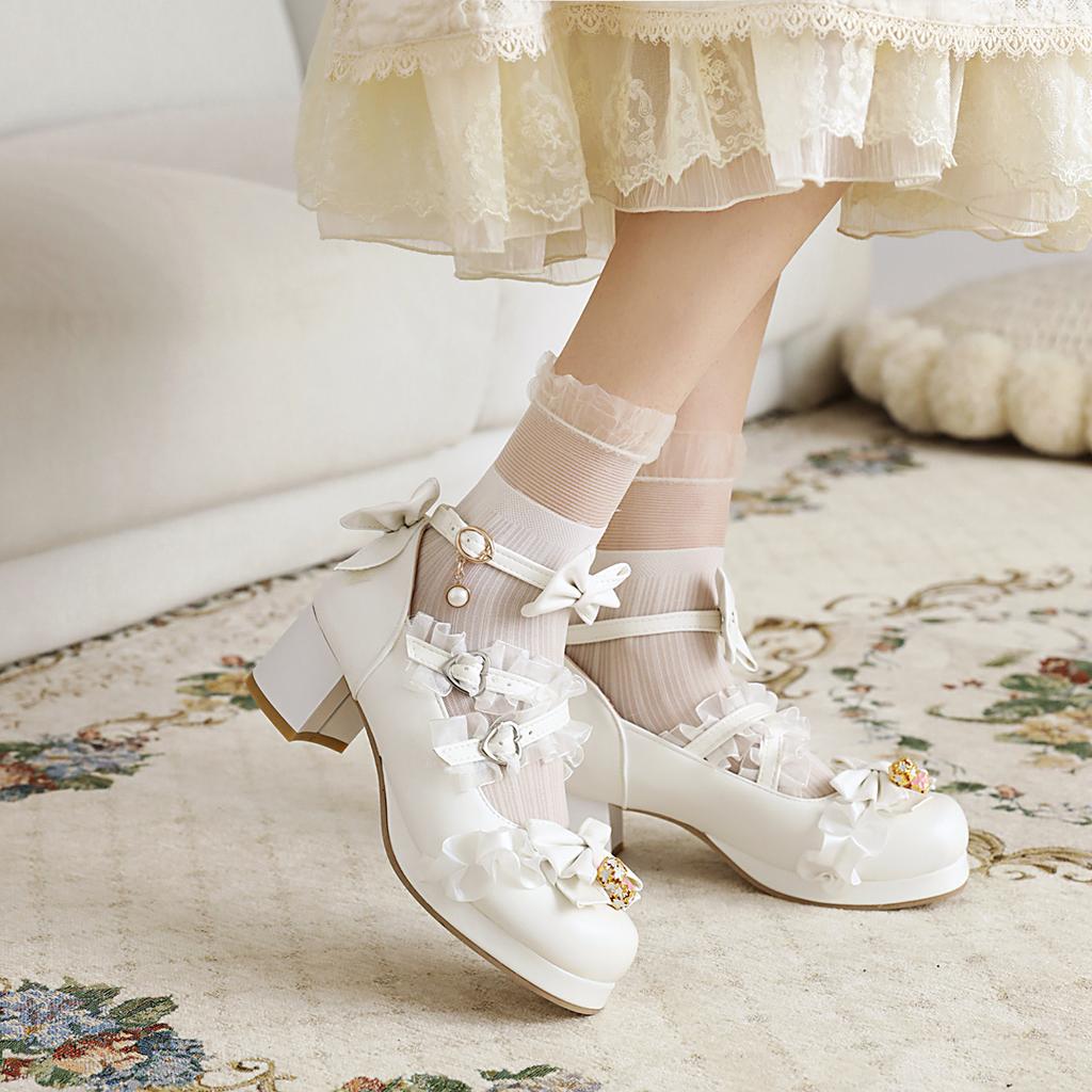 Lolita Shoes Women High Heels Pendant Lace Straps Bow Cute Girls Princess Tea Party Pumps Students Lovely Plus Size 34-48