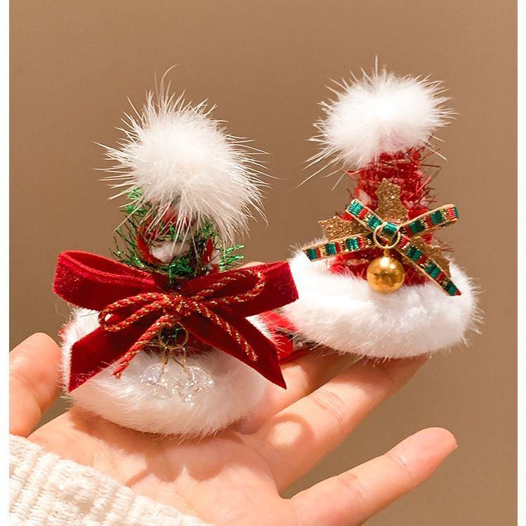 Ding Ding Ding~Cute Red Christmas Tree Hat Hair Clip, Women's High-end Dressing Props, Plush Side Bangs Clip