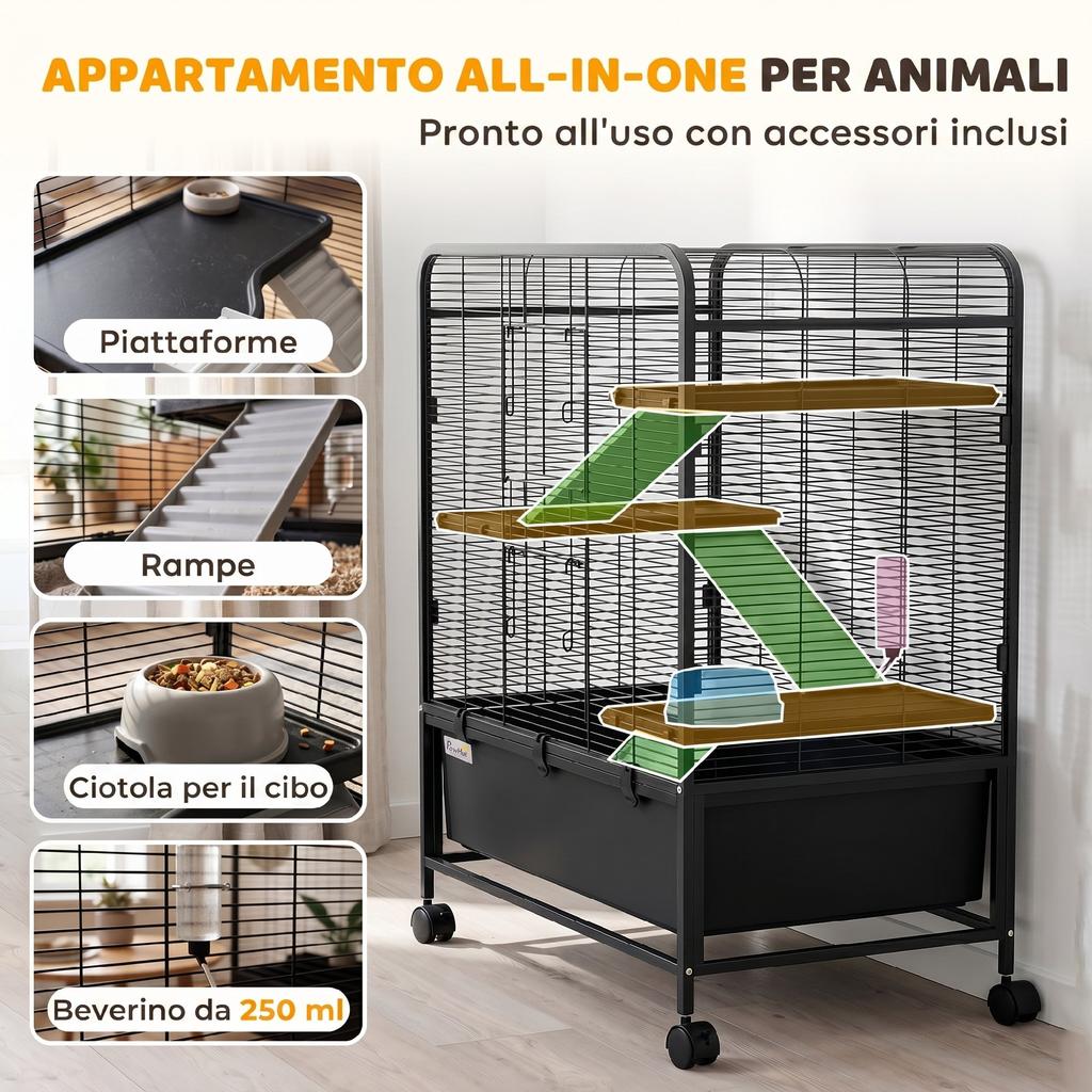 4-Tier Steel Rabbit Cage with Platforms, Ramps, Wheels, Water Tank and Removable Tray, Black