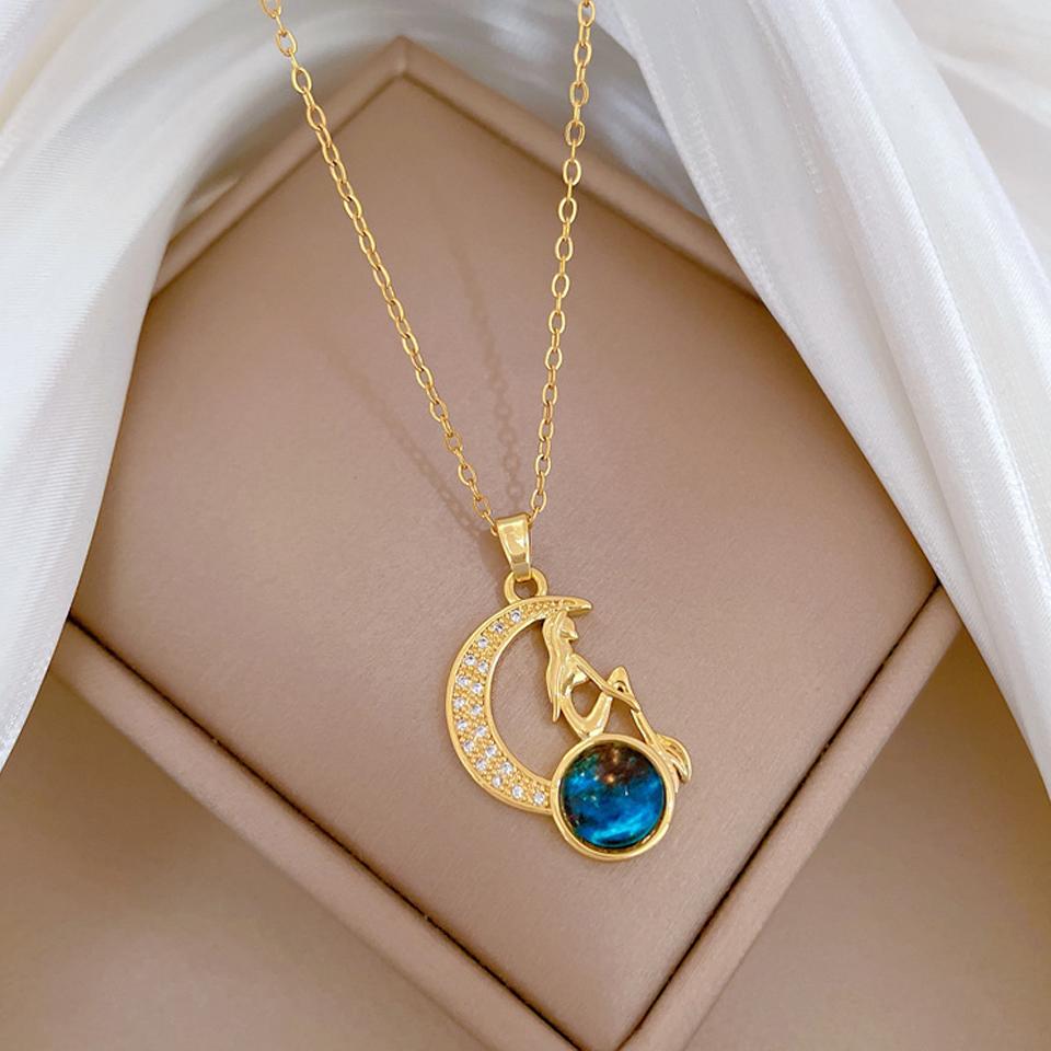 

ZAKOL Горячая Распродажа Синий Градиент Планета Луна Подвеска Ожерелье Цепочка из Титановой Стали Вселенная CZ Ожерелья Подарок из Циркония для Девочек