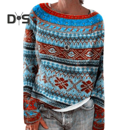 Женский зимний вязаный джемпер с круглым вырезом и длинным рукавом цветной блок свободный крой дышащий теплый свитер-пуловер XXXXXL 2463₽