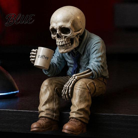 Resin Desk Ornaments Funny Sitting Skeleton Figurine Holding Coffee Cup Vintage Durable Craft Decor Ornament Unique Gag Stress Relief Gift