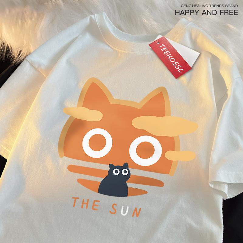 The Sun Orange Cat Fun Japanese Style Male Cotton O-Neck T-Shirt Summer Loose Oversize Clothes High Quality Brand Short Sleeve