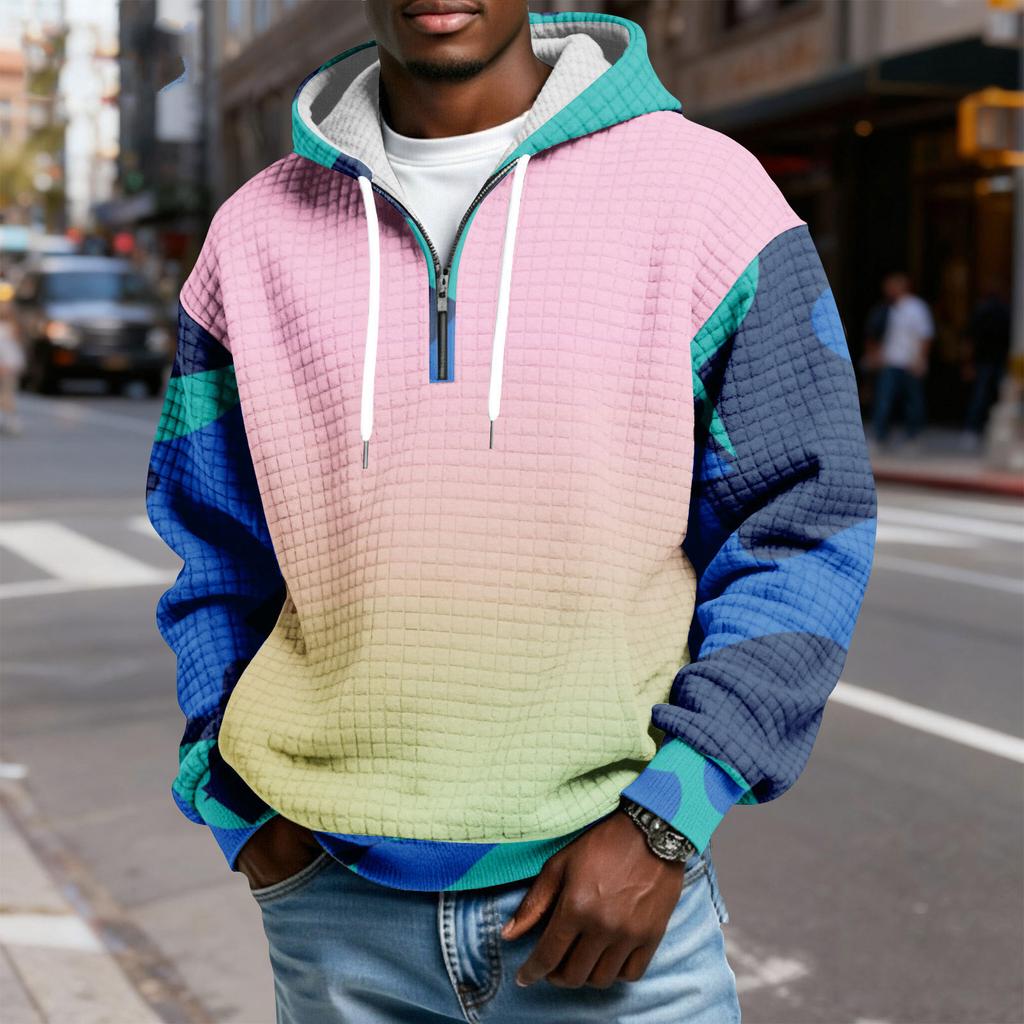 Men's Half-Zip Hooded Plaid Pullover Drawstring Print Casual Sports Sweatshirt