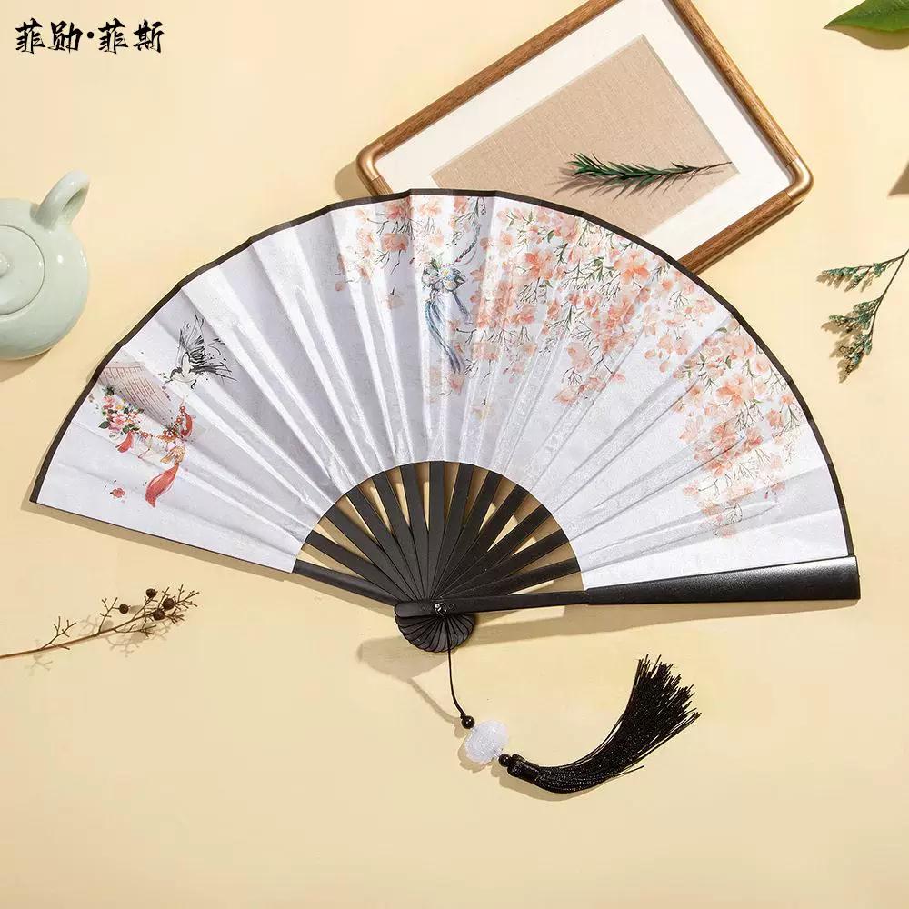 Hanfu Fan for Boys, Chinese Style 8inch Plastic Fan with Tassel Pendant, Trendy Folding Fan for Children, Silk Cloth, Ancient Style, Tear-Resistant