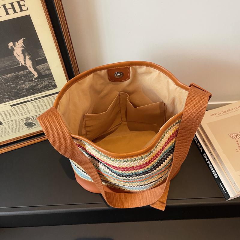 Striped Straw Bag Women's Large Capacity Shoulder Crossbody Bag Beach Bag