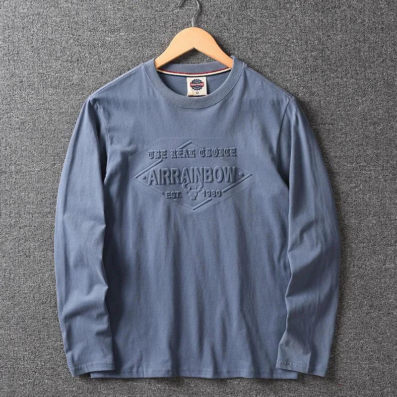 T-shirt de base à manches longues pour homme, lavé, pour le printemps/l'automne, avec imprimé de lettres et col rond