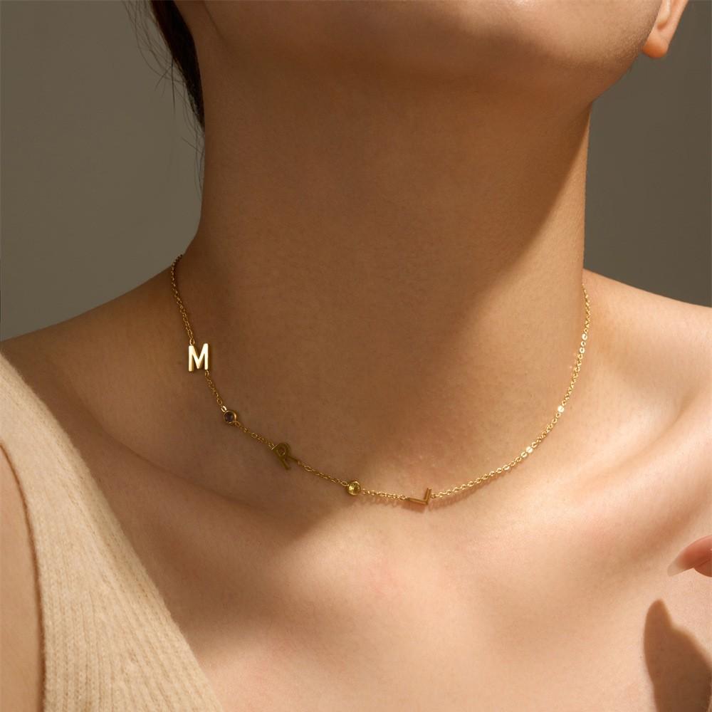 Fashion Letter Titanium Steel Necklace Chain Women'S Stone Collarbone Chain Fashionable Versatile Simple Premium