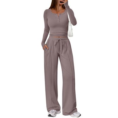 Women's Casual Round Neck Knitted Top Wide Leg Pants Set, Sports Floor Mopping Casual Pants