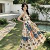 Niche graffiti print suspender dress women's summer new retro vacation ethnic style waist seaside beach dress