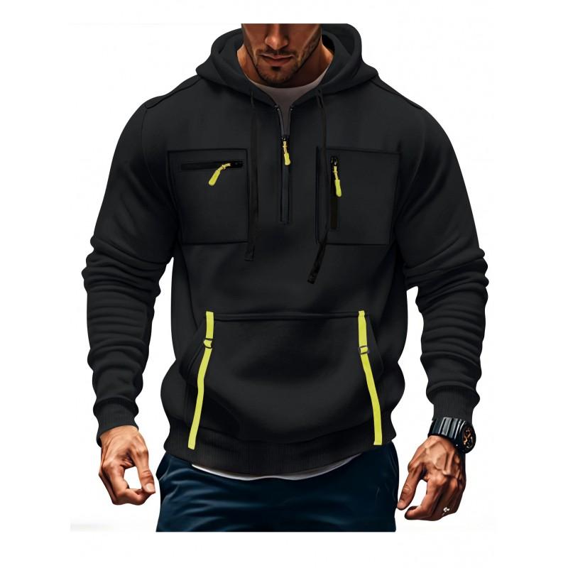 Mens Hooded Sweatshirt With Zippered Pockets Slim Fit Cotton Blend Casual Pullover