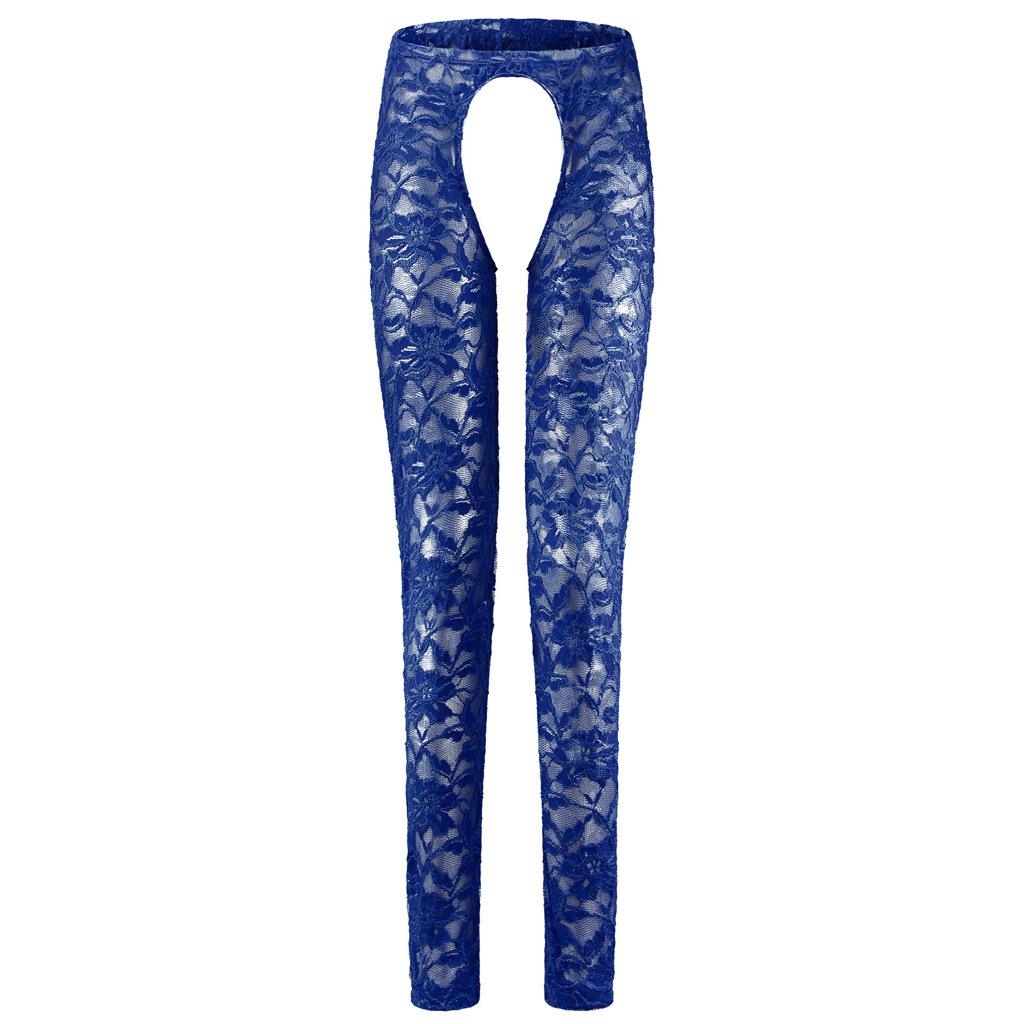 Sissy Lingerie See Through Floral Lace Open Crotch Long Pants Men Low Rise Bottoms Lounge Tight Stretchy Trousers Sleepwear