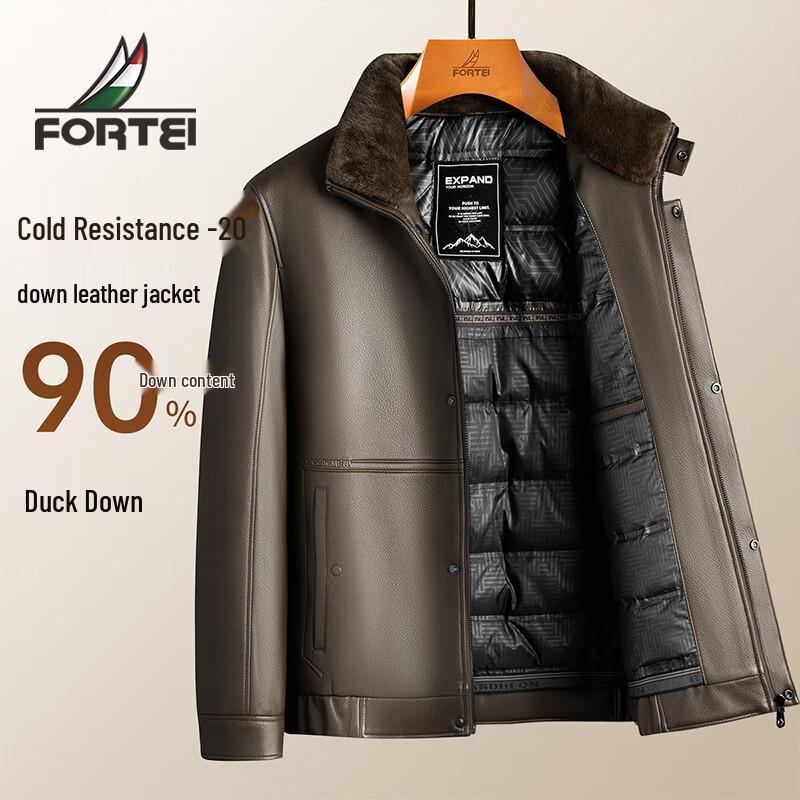 Futing Men s 90% Duck Down PU Leather Winter Jacket with Turn-down Collar L (50)