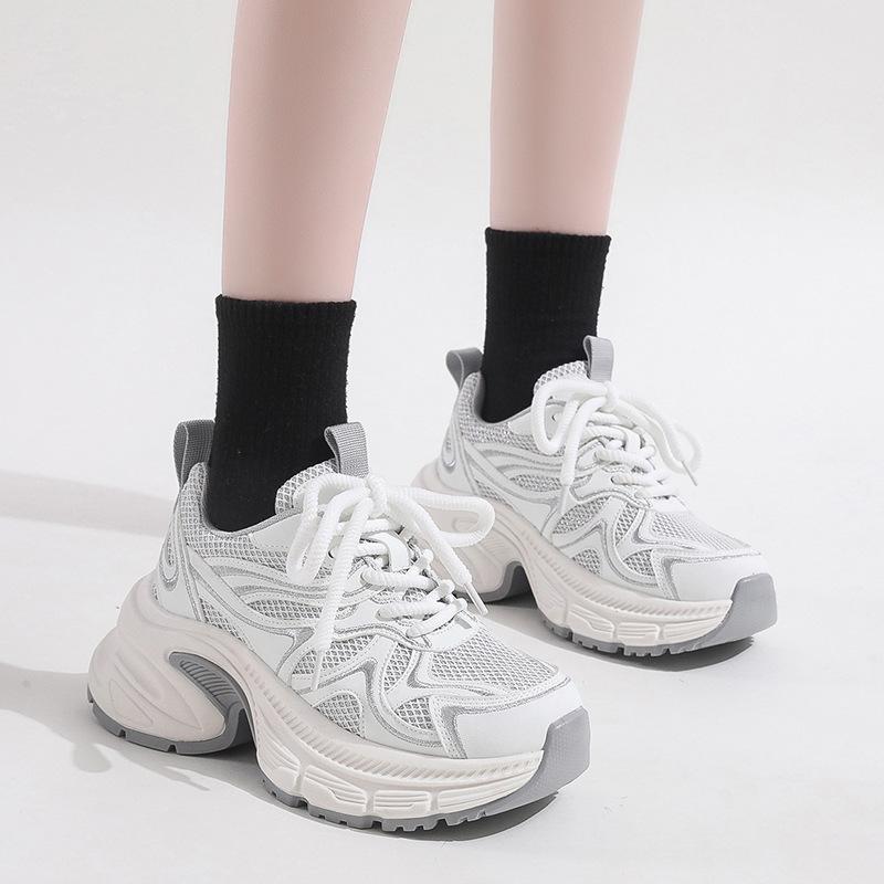 

2025 spring and autumn new thick-soled leather mesh embroidery strip contrasting color thick-soled versatile fashionable casual dad shoes women 40 серебряный