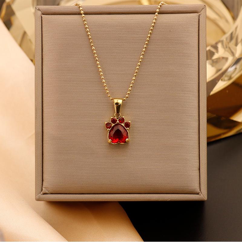 18K Gold-Plated Titanium Cat Paw Pendant Necklace with Colorful Zircon Hearts for Women