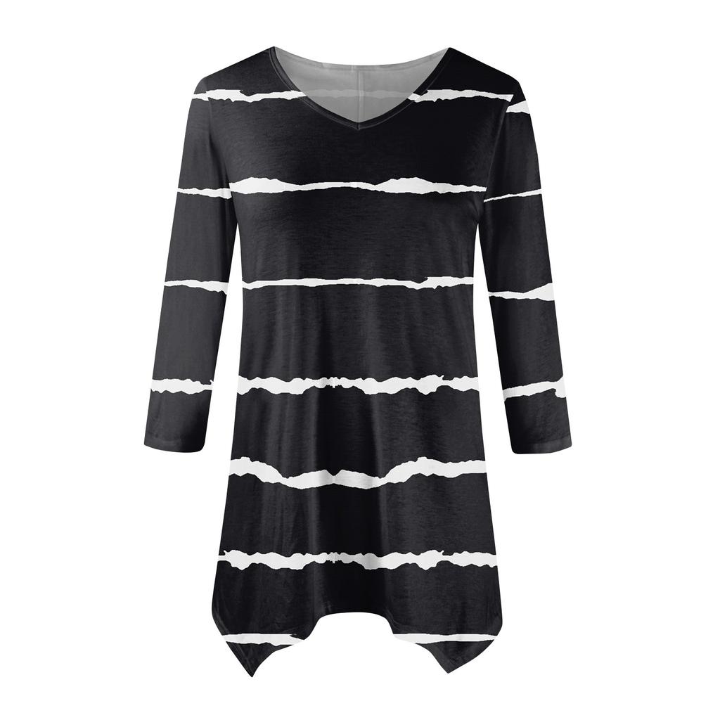 Women's Fashion Casual V-neck Striped Printed Seven-point Sleeve Shirt Belted Loose Comfortable Top