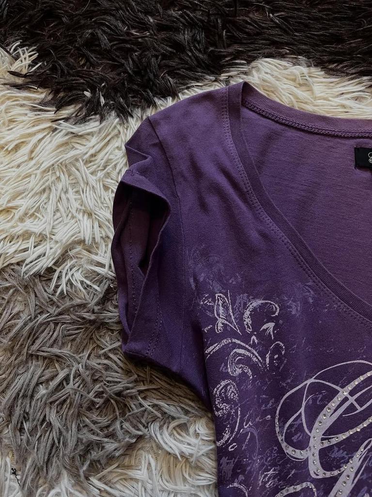 American Vintage Purple Floral V-Neck Short-Sleeve T-Shirt - Retro Spicy Girl Summer Style