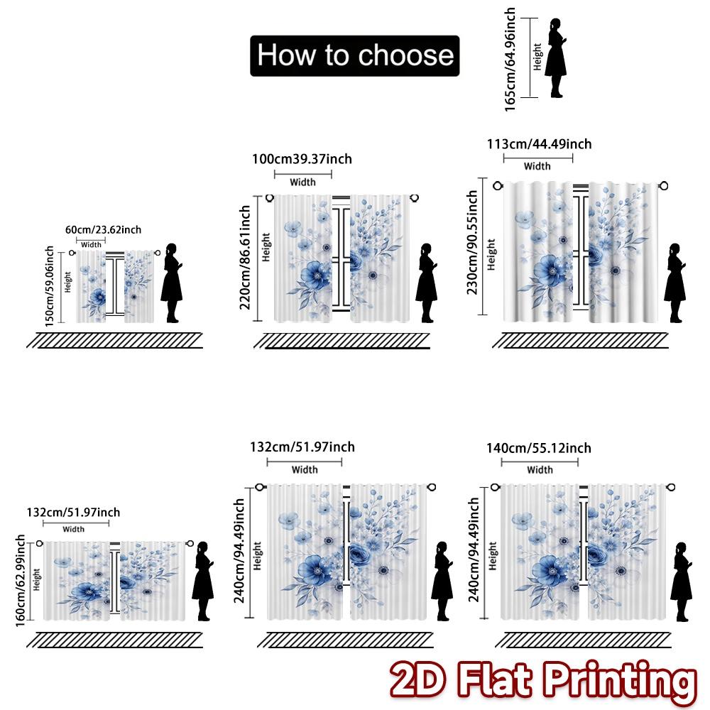 2D FLAT PRINTING 2pcs Curtains (Without Rod) Blue Floral Bouquet Modern Fashionable Curtains Versatile Fabric Curtains