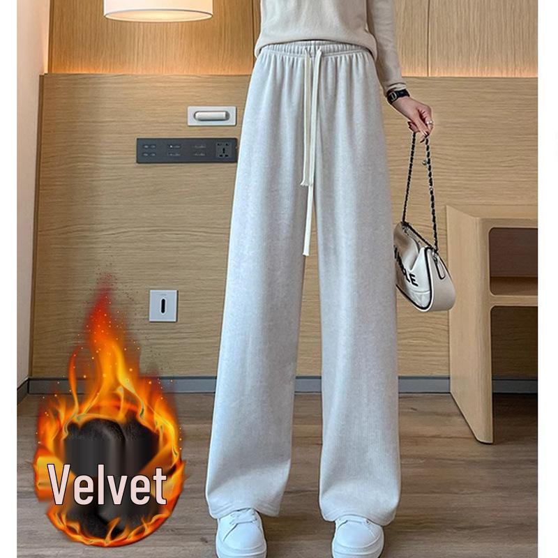 Extra Thick Oatmeal Cashmere Wide Leg Pants for Petite Women - Autumn Winter Style
