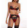 Sexy Dessous-Set, französische Spitze, ultradünn, 1/2 Tasse, Push-Up-BH, Strumpfband und T-Rücken, 3-teiliges Set für Damen, transparente Satin-Unterwäsche