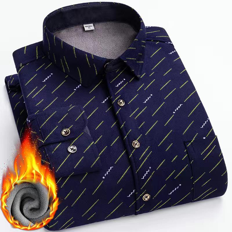 Camicia a maniche lunghe a quadri da uomo con pile ispessito, casual, business, elastica, non stirabile, calda, per gli anziani