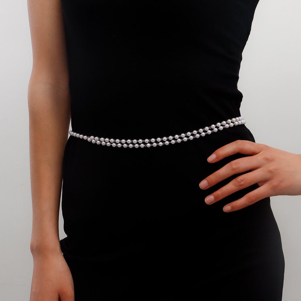 European and American Ins Double-layer Imitation Pearl Beaded Waist Chain Female, Acrylic Waist Chain Waist Chain