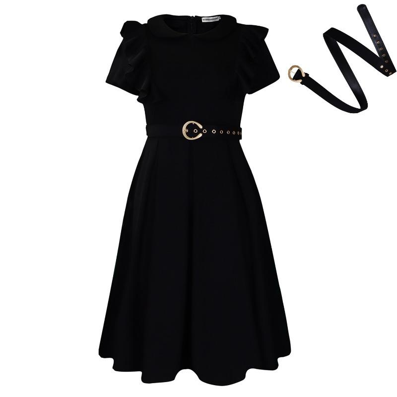 Women's Short-sleeved Doll Collar Solid Color Short-sleeved Ruffle Edge High-waisted Big Swing Dress
