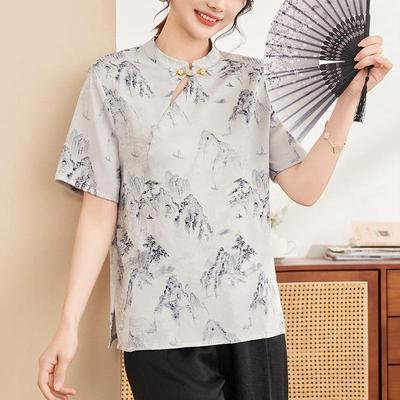 Mom's 2026 Chinese-Style Short Sleeve Summer Blouse for Middle-Aged Women