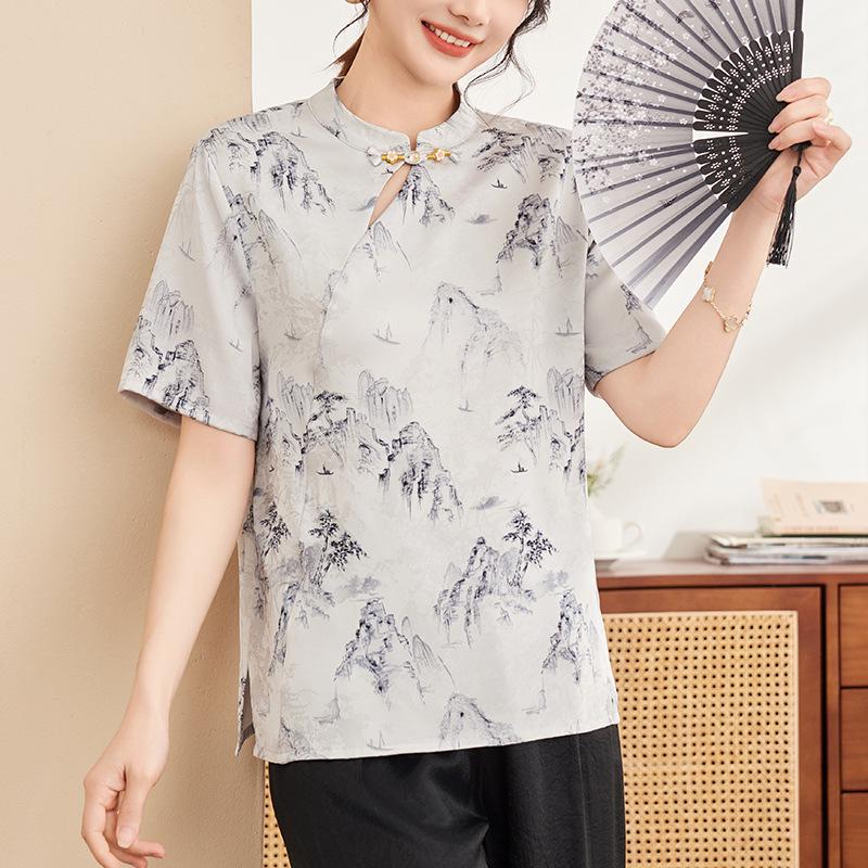 

Mom s 2026 Chinese-Style Short Sleeve Summer Blouse for Middle-Aged Women 4XL сірий колір