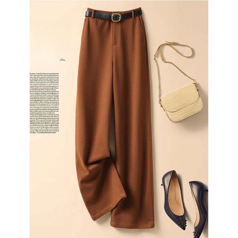 Grey Fashion Woolen Pants, Women's High Waisted Suit Trousers for Autumn and Winter