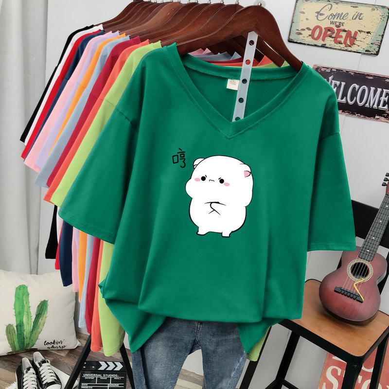 

Футболка с коротким рукавом, Свободного кроя, Приталенный топ с V-образным вырезом с принтом для женщин 5XL темно-зеленого