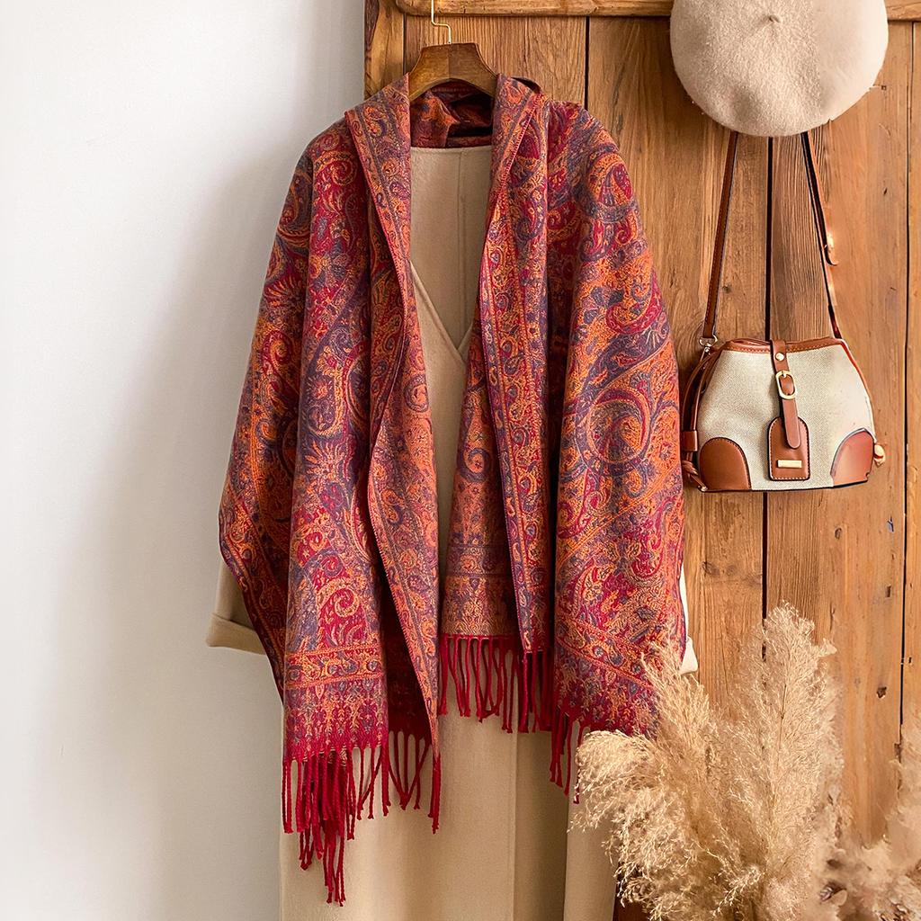 Rand Fashion Dámský zimní kašmírový šál - Vintage květinový potisk s třásněmi ve stylu olejomalby Pašmína Silný přehoz & Šála