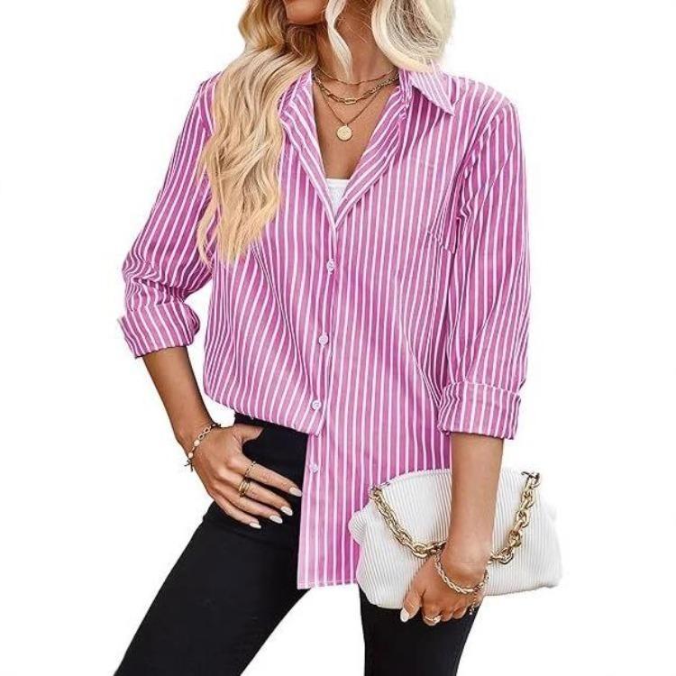 Ladies Casual Spring Top Striped Summer Elegant Shirt Sleeve