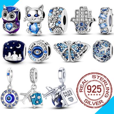 Blue Series Copper Bead Pendant Fits Bracelets DoItYourself Butterfly Cat Plane For Woman Genuine Charm Fashion Jewellery