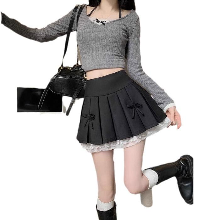 Ballet-Inspired Lace Bow Skirt: 2025 Trendy High-Waist Pleated A-Line Mini for Women