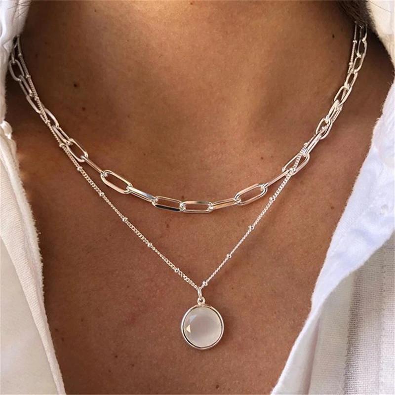 Vintage Geometryczny Wisiorek Naszyjnik dla Kobiet Szczęśliwe Złe Oczy Dłoń Krzyż Perła Cyrkon Wielowarstwowy Metalowy Łańcuszek Choker Biżuteria
