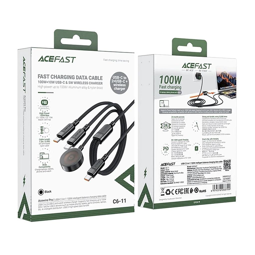 Kabel 3W1 Acefast C6-11 Usb-C - 2X Usb-C / Qi 480Mb/S 100W 1.2M - Czarny