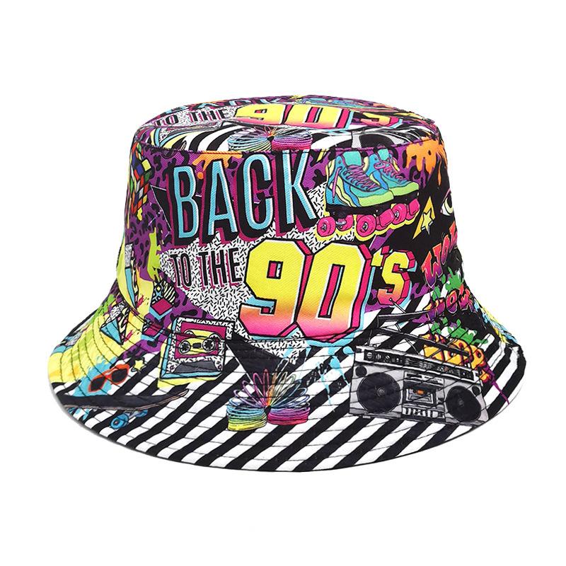 90'S Classic Print Sunscreen Panama Women Men Summer Sun Production Decorate Fisherman Hats Unisex Reversible Bucket Hat Hiphop