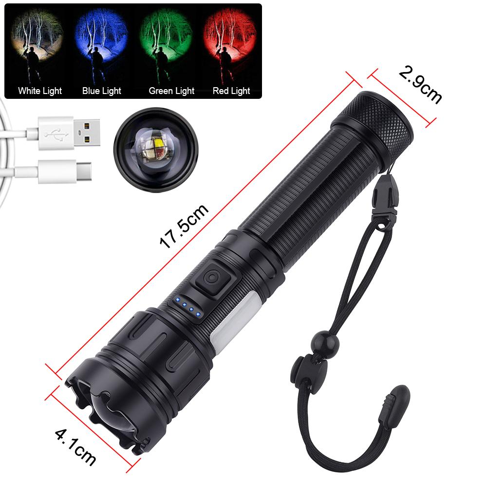4 in 1 Zoomable Hunting Flashlight 30W 4000LM White+Green+Red+Blue 7 Modes Multi-color Outdoor Waterproof Type-C Charging Torch