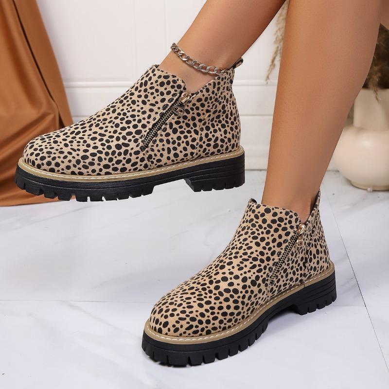 European and American Foreign Trade Large Size Leopard Print Thick Heel Short Martin Boots Women's Cross-border Thin Casual Side Zipper Chelsea Boots